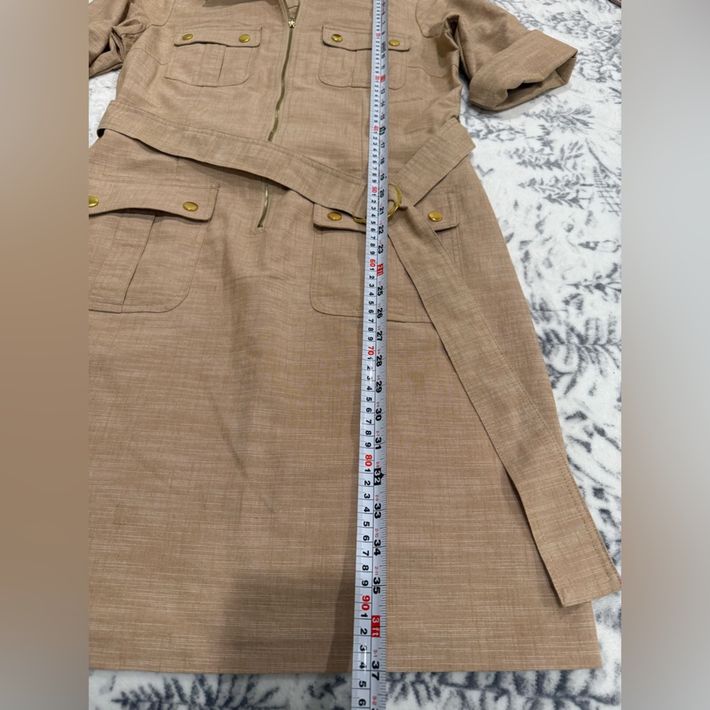 Sharagano Safari Shirt Dress Tan Utility Belted Gold Button Zip Front Size 10 - Picture 7 of 9